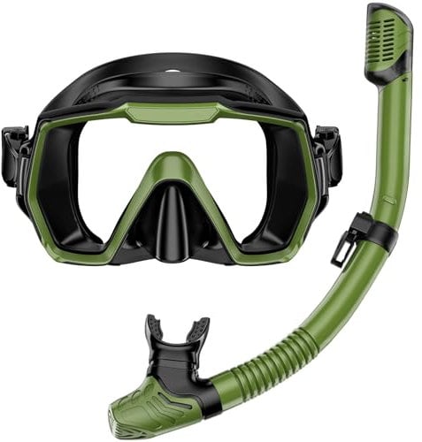 Snorkel Set Adults Snorkeling Gear Anti-Leak and Anti-Fog Tempered Glass Lens Panoramic View Swim Mask Dry Top Snorkel Kit for Snorkeling Scuba Diving Swimming Travel with Carry Bag Army Green