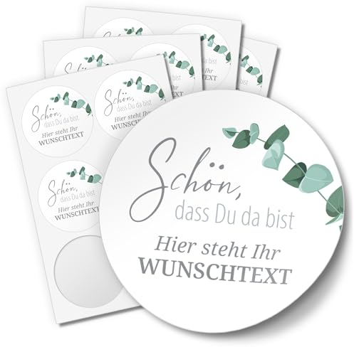 24 PERSONALISIERTE Aufkleber Schön dass Du da bist individualisiert anpassbar mit Ihrem Wunschtext Etiketten rund 4cm, Eukalyptus grün