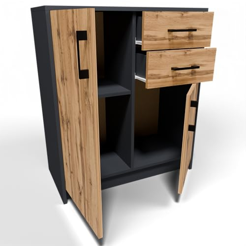 MATKAM Kommode 2-türig mit 2 Schubladen - Sideboard, Anrichte, Kommodenschrank, H 85 x B 74 x T 35 cm (Anthrazit Grau-Wotan Eiche)