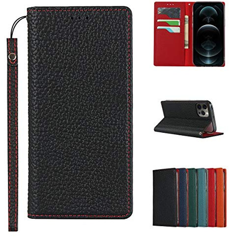 Cavor Coque Compatible avec iPhone 12/12 Pro Etui avec Cordon,Cuir véritable Flip Portefeuille Étui en Cuir,[3 Porte Cartes][Magnetique][RFID Blocker],Protection Housse - Noir