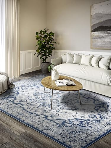 Villeroy & Boch Kurzflor Teppich Gabrielle - Klassischer Wohnzimmerteppich - Traditioneller Teppich für Wohnzimmer, Schlafzimmer, Esszimmer, Flur, Küche – Creme Blau, 200x280cm