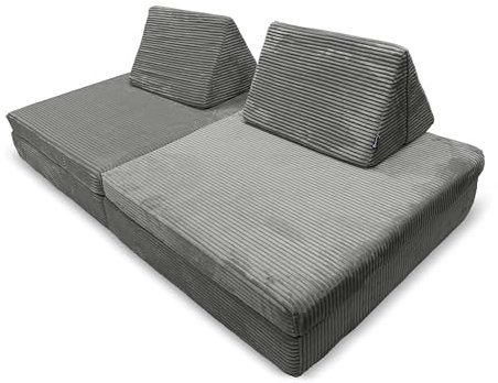 Bruni Spielsofa für Kinder in Grau - großes XXL-Sofa fürs Kinderzimmer, Schlafsofa mit abnehmbarem, flauschigem Cord-Bezug, in Österreich entwickelt