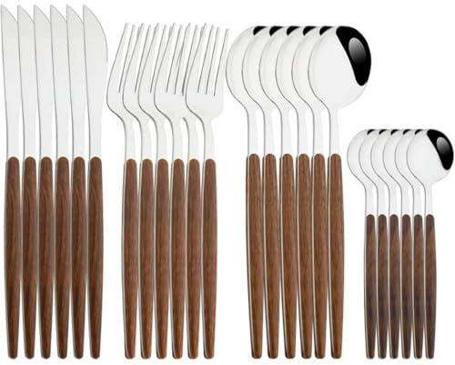 Juego de vajilla de Acero Inoxidable con Mango de Madera de imitación, Color marrón y Plateado, 24 Piezas, Cuchillo, Cuchara, Tenedor y Cubiertos