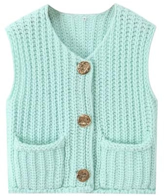 Women Chunky Sweater Vest Button Down Crochet Cable Knit Cardigan Sleeveless Open Front Knitted Crop Waistcoat(Turquoise,Medium)