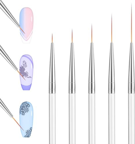 Ptwola 5 Pcs Nail Art Brushes Thin Long Elongated Liner Drawing Brushes Gel Polish Painting Designs Tools Details Fine Striping Short Strokes Pen Set for Women