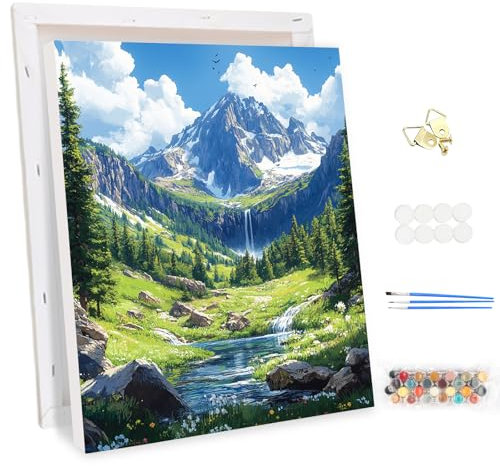 MEIYUDA Peinture par Numero Adulte avec Cadre Paysage Rivière de Montagne, DIY Kit Peinture, Pinceaux Peinture de Dessin de Pigment Acrylique, Loisirs Créatifs Adultes Decoration Maison Cadeau 30x40cm