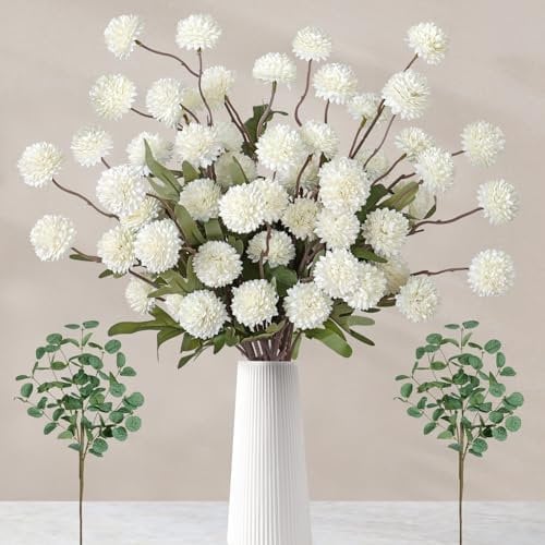 SOMYTING Flowers Artificial + Eucalyptus, Faux Kiku Flower White,12pcs Silk Flowers Mini Chrysanthemum Floral Arrangements,Artificial Hydrangea Realistic Flower Floral Arrangements Centerpiece