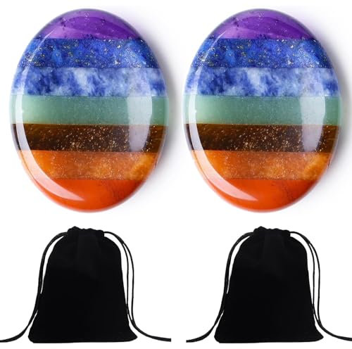 2 Stücks Chakra Steine, Kristalle Steine Edelsteine Heilsteine Glückssteine Sorgensteine Handschmeichler Daumen Poliert Kristall Stein Oval Palmstein Spirituelle Meditation Stress Abbau