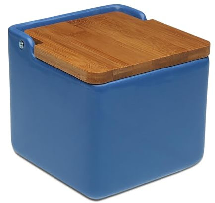 TIENDA EURASIA - Salero de Cocina de Cerámica | Tapa Abatible de Bambú | Salero | Medida 12 x 12 x 11 cm | Saleros Originales (Azul)
