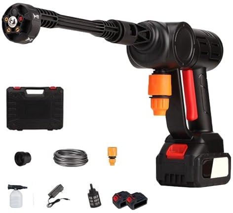 Idropulitrice a batteria, 2x 21V Idropulitrice portatile a batteria con ugello multi-spray 6 in 1 e tubo flessibile da 8.2 m, portatile ad alta pressione senza fili per auto, finestre, prati (Nero)
