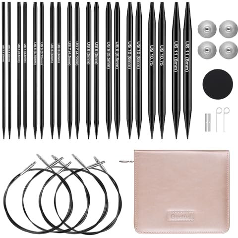 Stricknadeln Set, 10 Paare Rundstricknadeln set Austauschbar in Größen von 3 mm bis 8 mm mit Kabeln, Zubehör & Tasche (Metall)