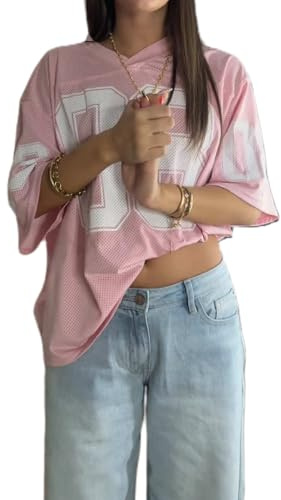 RUIWANBBY Women Y2k Oversized Jersey Shirt Short Sleeve Number Print V Neck T-Shirt Summer Casual Loose Sport Tops Streetwear (Pink, M)