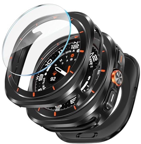 Neitra 3 in 1 Metall hülle für Samsung Galaxy Watch Ultra 47mm Schutz | Edelstahl-Gehäuse Rugged Bumper mit Hart PC Back Cover und 9H Hartglasfolie für Watch Ultra 7 2025, Schwarz/Orange