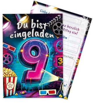 Limonia 12 Einladungskarten zum 9. Geburtstag Kindergeburtstag Kino Cinema Graffiti Street Art Feier Fest Einladung Set Mädchen Kinder Jungs Jungen Boys Teenies Unisex Jugendliche Modern