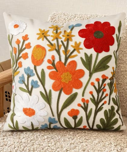 Kokaaee Embroidered Throw Pillow Cover 18x18 Inch - Spring Summer Boho Decorative Pillow Cover with Zipper for Living Room Couch Sofa Bed Aesthetic Design Flower Cluster Cushion Pillowcase