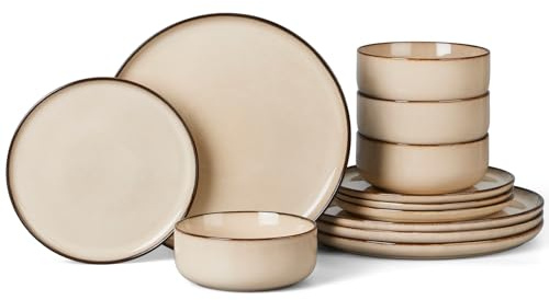 Onader 12 Piece Dinner Set, Reactive Glaze Stoneware Dinnerware for 4 People, Elegant Plates and Bowls Sets for Kitchen Christmas Camping, Scratch Resistant, Microwave & Dishwasher Safe - Latte Khaki