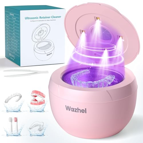 Wazhel Ultrasonic Retainer Cleaner Machine, 45kHz Dental Cleaning Pod for Denture, Mouth Guard, Night Guard, Aligner, Braces, Toothbrush, 200ML Denture Cleaner with Digital Timer & 4 Modes, Pink