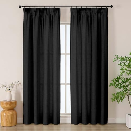 Simplebrand Gardinen Schwarz Kräuselband 2er Set H220 x B140 cm | Halbtransparent in Leinenoptik, 192 g/m², weich fallend und knitterarm, mit Kräuselband für Wohn- und Schlafzimmer