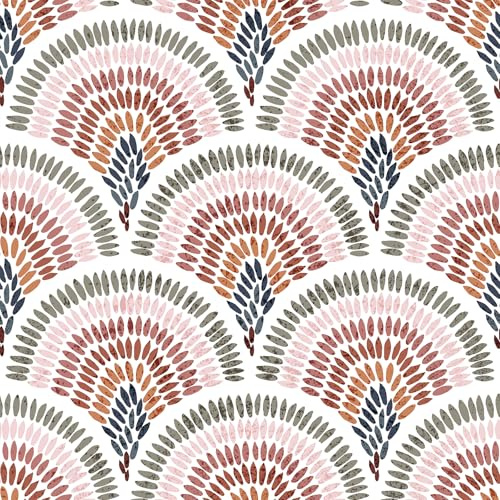 VEELIKE Papier Peint Géométrique Vague Seigaiha Bohème Papier Peint Graphique Éventail 44,5 cm × 300 cm Adhesif Mural Decoratif Chambre Enfant Salle de Bain Salon Amovible Convient aux Locataires