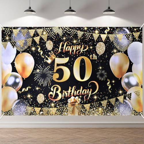 ANOMM 50.Geburtstag Banner Schwarzes-Gold, Happy Birthday Banner | 50.Geburtstag Dekoration für Drinnen und Draußen, Extra Groß Party Geburtstagsdeko Hintergrund (180 x 110 cm)