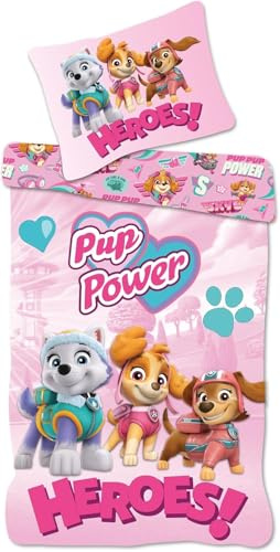 Paw Patrol Babybettwäsche 100x135 + Kissenbezug 40x60 Baumwolle Rosa Junge | Baby-Bettwäsche | Heldinnen-Trio, die Kraft des Rudels | Naturbaumwolle weich atmungsaktiv Oeko-Tex | Mädchen 0-3