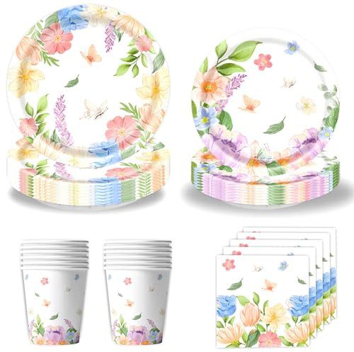 50 Pcs Spring Flower Party Paper Plates and Napkins Set, Wildflower Themed Supplies Flower Party Tableware Set with Plates, Cups & Napkins, Dinnerware Set for Floral Baby Shower Birthday Tea Time