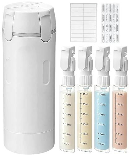 4 in 1 Reiseflaschen zum Befüllen, 4 in 1 Reisespender, Weiß, 30ml×4 | Für Toilettenartikel, Mini-Shampoo-Spender mit Skala und Etikett, Tragbare Behälter für Shampoo, Lotion, Conditioner