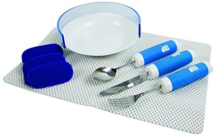EASY GRIP DINNER SET -Scoop bowl, large handled knife, fork and spoon, plate surround and anti slip place mat.
