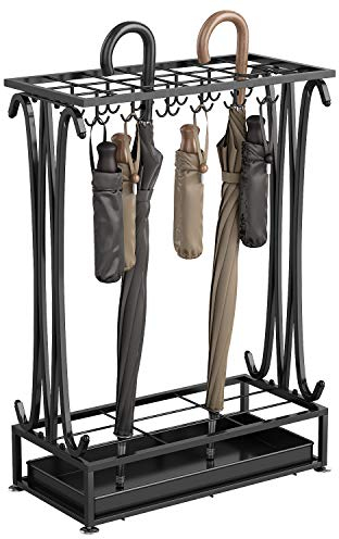AcornFort U-21 Extra Large Schwarz Metall 21 Löcher rechteckiger Schirmständer Gehstockhalter mit 24 Haken und Einer Regenwasser-Leckschale mit freiem Boden 70 * 50 * 24 cm