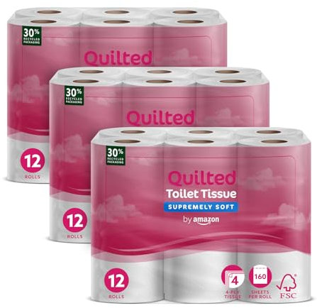 by Amazon Papel Higiénico de 4 Capas, Acolchado, Ultrasuave, 36 Rollos (4 Paquetes de 9), 160 Hojas por Rollo, Certificación FSC