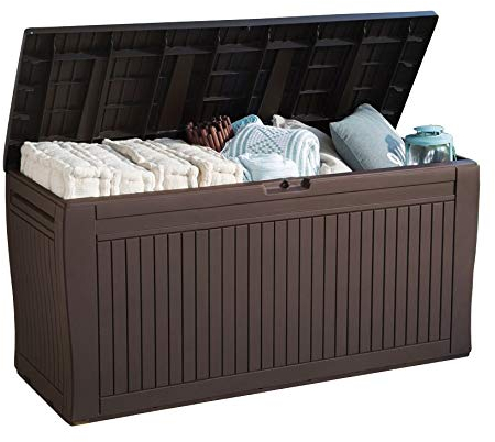 Koll Living Gartenbox mit 270 Liter Fassungsvermögen - wetterfester Stauraum, der Inhalt bleibt trocken und Wird belüftet - Moderne Holzoptik - mit Griffen und Rollen (Braun)