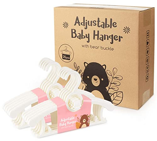 Homewit 20-teilig ausziehbare Babykleiderbügel | 29 cm ~ 37 cm ausziehbare Kinderkleiderbügel | mit Stapelbaren Bärchen-Haken | 100% aus neues Kunststoff | Ideal für Baby und Kind