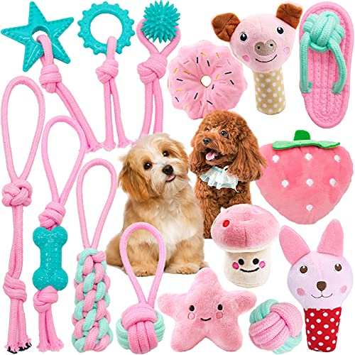 VIPNAJI Welpenspielzeug -15pcs Langlebiges Hundespielzeug für Welpen/kleine und mittlere Hunde, Plüsch Hundeseilspielzeug -Kauspielzeug Naturbaumwolle & Ungiftig & sicher & Unzerstörbar , Rosa