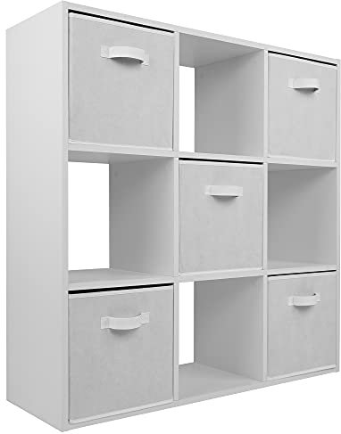 Charles Jacobs White 9 Cube Storage Shelving Unit + 5 White Fabric Drawers