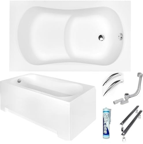 ECOLAM Baignoire rectangle Aria Rehab avec assise 120x70 cm | tablier en acrylique | 2x poignées | pieds siphon + silicone | Baignoire en acrylique blanc | set complet