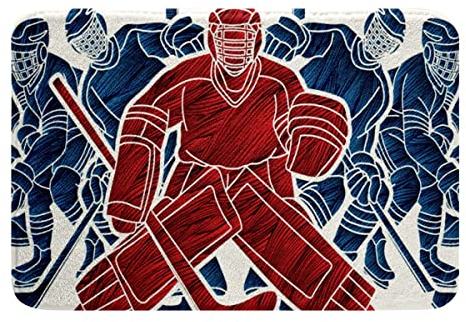 Sunnybed Eishockey Fußmatte 16 X 24,Cartoon Hockey Player Group Rutschfester Badteppich Winter Eissport Fleece Badematte Für Jungen Kinder Teens Rot Blau Ice Puck Helm Saugfähiger Teppich Teppich