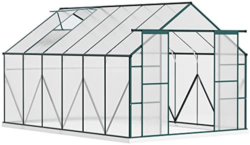 Outsunny 8 x 12ft Aluminium Greenhouse Polycarbonate Walk-in Garden Greenhouse Kit with Adjustable Roof Vent, Double Sliding Door, Rain Gutter and Foundation, Clear