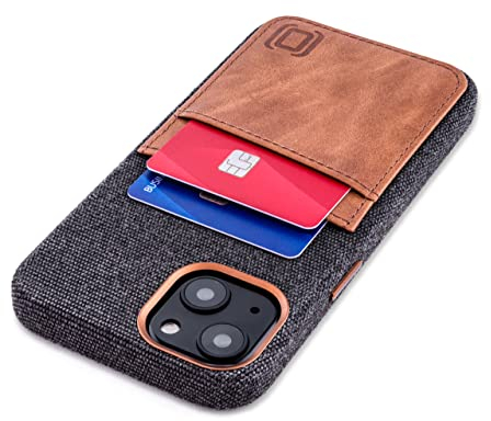 Dockem Hülle Stoff für iPhone 13 mit Leder Kartenfachen und Integrierter Metallplatte zur Magnetischen Befestigung, Aufgenähtes Portemonnaie mit 2 Kartenfächern, 6,1 M2F [Grau/Hellbraun]