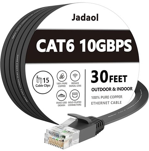 Jadaol Cat 6 Ethernet Cable 30 ft, Outdoor & Indoor 10Gbps Support Cat8 Cat7 Network, Flat RJ45 Internet LAN Computer Patch Cable for Router, Modem, Switch, Gaming Consoles, Streaming Devices, Black