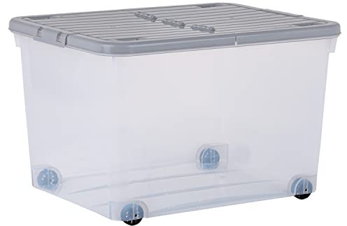 Wham Set of 5 44L Plastic Storage Box with Wheels & Folding Lid Clear/Cool Grey