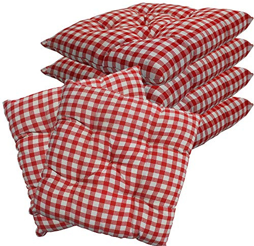 NYVI Stuhlkissen 38x38 cm ComfySeat Rot Weiß kariert 6er Set - Sitzkissen mit 6 cm Comfort Sitzpolster - Indoor & Outdoor - Gartenstuhlkissen aus Baumwoll-Mischgewebe - ÖkoTex 100