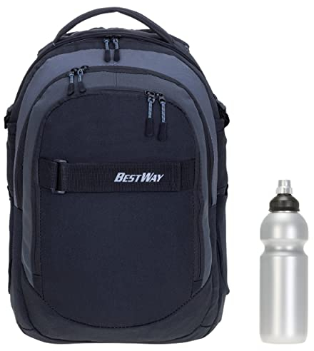 Bestway 2 Teile Set Schulrucksack Packer Jungen Mädchen Rucksack Schultasche 40177 + Trinkflasche (Black Grey Grey 0159)