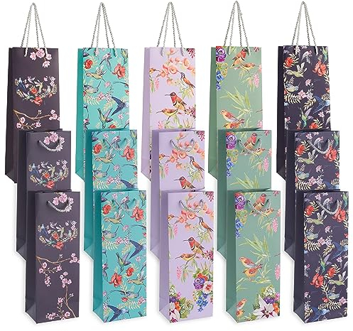 MATANA 15 Sacs à Bouteilles avec Motifs Floraux, Pochettes pour Vin & Champagne - 5 Designs Originaux - Emballage Sacs Cadeaux - Épais, Solide & Résistant (35x13x9cm)
