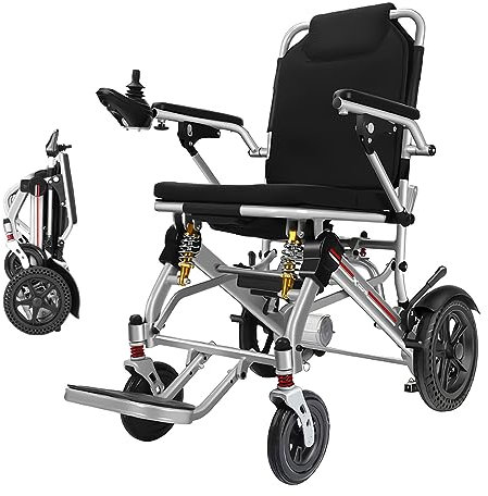Bueuwe Elektrische Rollstühle, Leicht Rollstuhl Elektrisch Faltbar Elektrorollstuhl, Elektrischer Rollstuhl für Erwachsene, Tragfähigkeit 150kg, 10A Lithium Batterie, 13.8kg,Silber