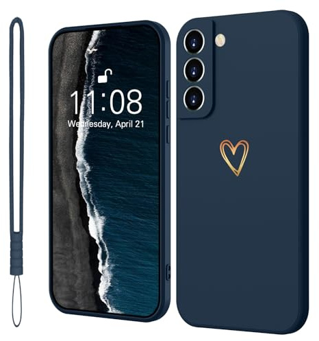 Mitetabo für Handyhülle Samsung Galaxy S21 FE 5G Hülle Silikon mit Gold Liebesherz,Dünn Case Slim Kratzfeste Rundumschutz Schutzhülle für Samsung Galaxy S21 FE 5G Dunkelblau