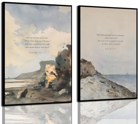 ZARTMYY 2 x Bibelvers Wandkunst, Psalm 121:1-2 und 27:1, christliche Leinwanddrucke, motivierende Schrift, Vintage-Aquarellgemälde, Bilder, religiöse, inspirierende Poster, Heimdekoration, ungerahmt