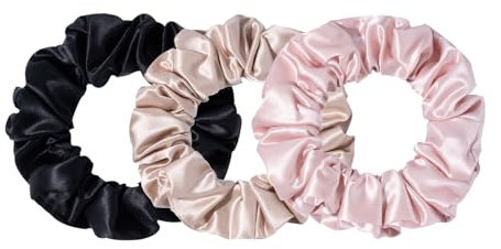 Lolalet 3 Pezzi Scrunchies per Capelli Seta Grande, Elastici Capelli Donna Eleganti -Rosa/Caramello/Nero (Grande)