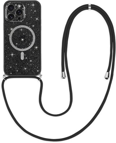 Glitter Clear Crossbody Lanyard iPhone 15 Pro Max Case Girl Women [Compatible with MagSafe], Magnetic Phone Case Sparkly with Adjustable Strap Necklace Shockproof Cover for iPhone 15 Pro Max-Black