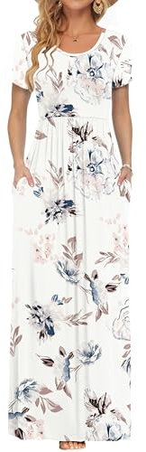 AUSELILY Damen Kurzarm Sommer Casual Long Maxi Kleider mit Taschen Weiße Blumen M