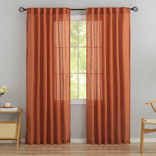Herbst-Vorhänge aus Leinen, 228,6 cm lang, 2 Paneele für Esszimmer, Cottage, weich, leicht, luftig, halbsichtbar, durchscheinende Vorhänge, Haken, Taschenlichtfiltervorhänge, 132,1 cm Breite x 228,6